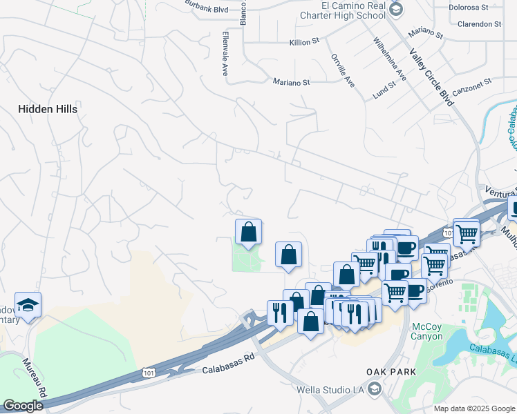 map of restaurants, bars, coffee shops, grocery stores, and more near 24105 Hidden Ridge Road in Hidden Hills
