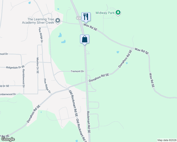 map of restaurants, bars, coffee shops, grocery stores, and more near 4713 Rockmart Road Southeast in Silver Creek