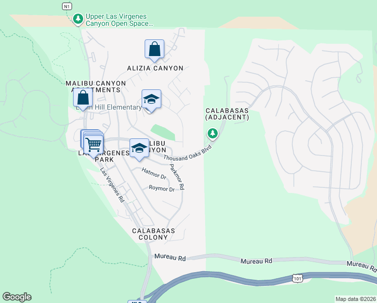 map of restaurants, bars, coffee shops, grocery stores, and more near 26005 Adamor Road in Calabasas
