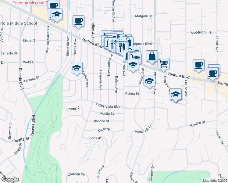 map of restaurants, bars, coffee shops, grocery stores, and more near 4947 Enfield Avenue in Los Angeles