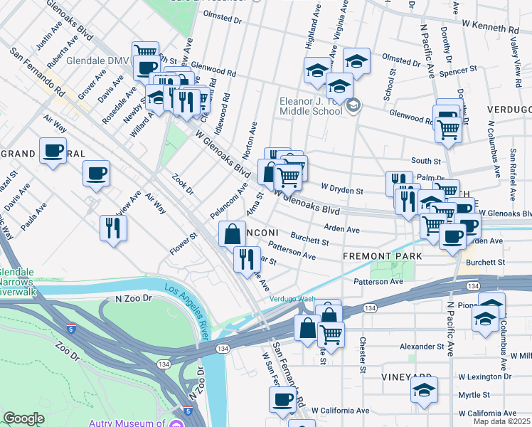 map of restaurants, bars, coffee shops, grocery stores, and more near 916 Burchett Street in Glendale