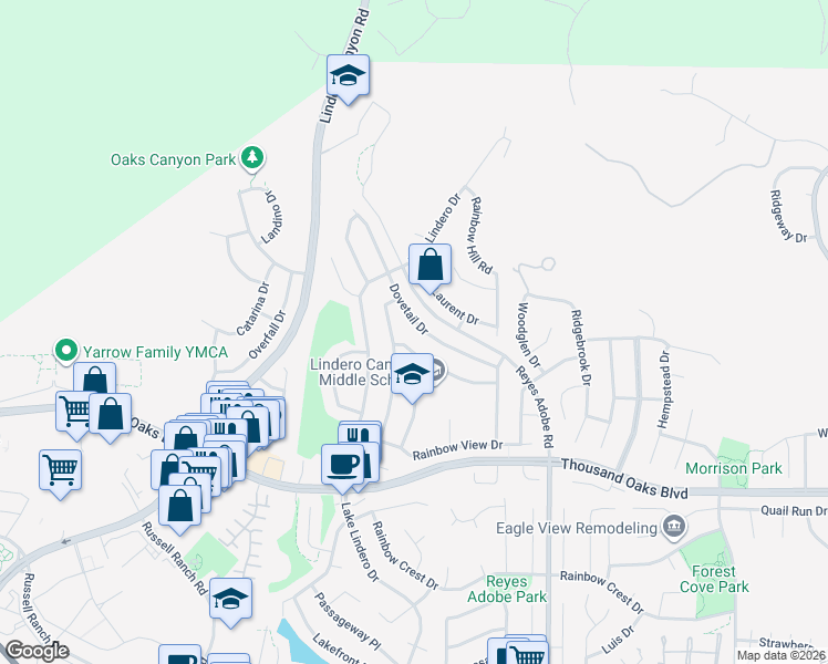map of restaurants, bars, coffee shops, grocery stores, and more near 5927 Dovetail Drive in Agoura Hills