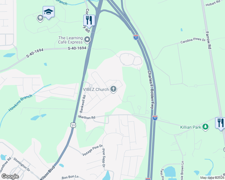 map of restaurants, bars, coffee shops, grocery stores, and more near 444 Fairford Road in Blythewood