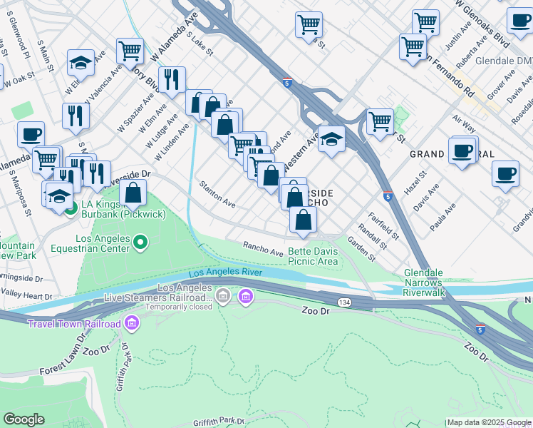 map of restaurants, bars, coffee shops, grocery stores, and more near 215 Winchester Avenue in Glendale