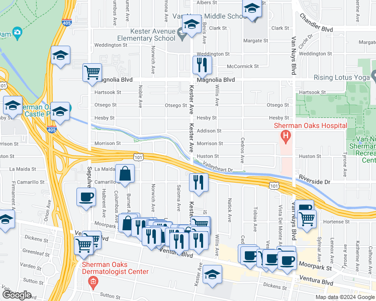 map of restaurants, bars, coffee shops, grocery stores, and more near 4913 Kester Avenue in Los Angeles