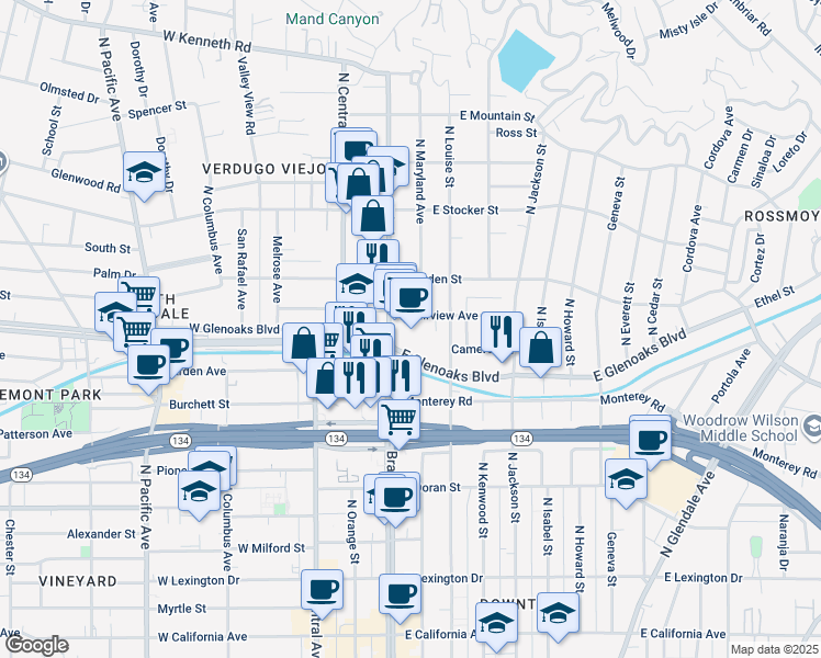 map of restaurants, bars, coffee shops, grocery stores, and more near 105 East Glenoaks Boulevard in Glendale