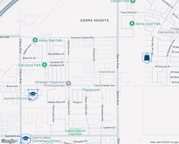 map of restaurants, bars, coffee shops, grocery stores, and more near 16617 Shallot Street in Fontana
