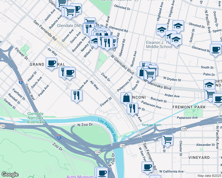map of restaurants, bars, coffee shops, grocery stores, and more near 5940 San Fernando Road in Glendale