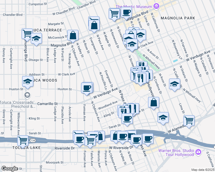 map of restaurants, bars, coffee shops, grocery stores, and more near 614 North Priscilla Lane in Burbank