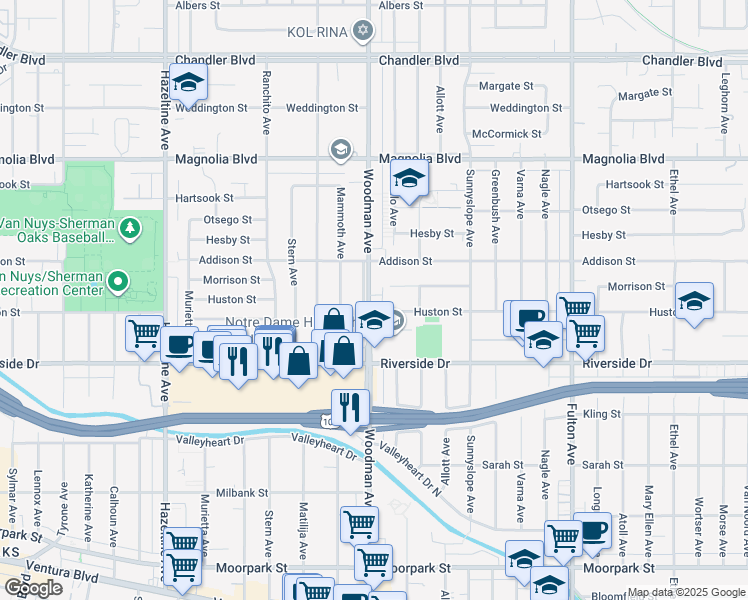 map of restaurants, bars, coffee shops, grocery stores, and more near 4900 Woodman Avenue in Los Angeles