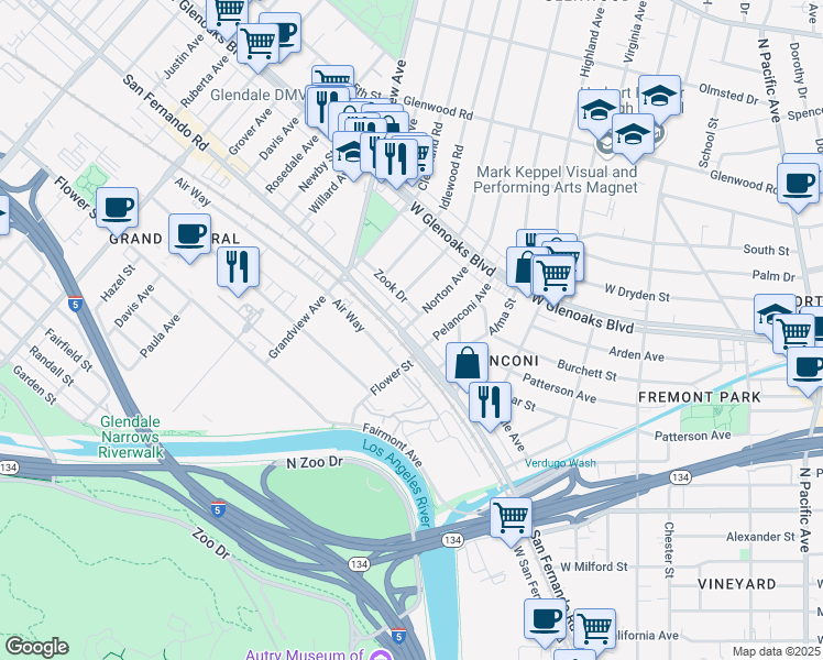 map of restaurants, bars, coffee shops, grocery stores, and more near 5940 San Fernando Road in Glendale