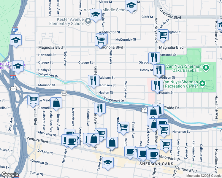 map of restaurants, bars, coffee shops, grocery stores, and more near 14755 Huston Street in Los Angeles
