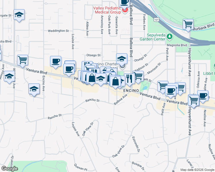 map of restaurants, bars, coffee shops, grocery stores, and more near 17038 West Oak Park Court in Los Angeles
