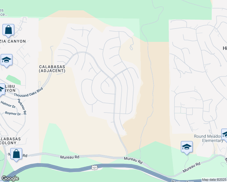 map of restaurants, bars, coffee shops, grocery stores, and more near 5369 Newcastle Lane in Calabasas