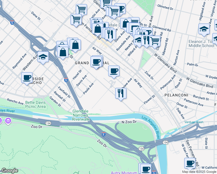 map of restaurants, bars, coffee shops, grocery stores, and more near 1201 Flower Street in Glendale