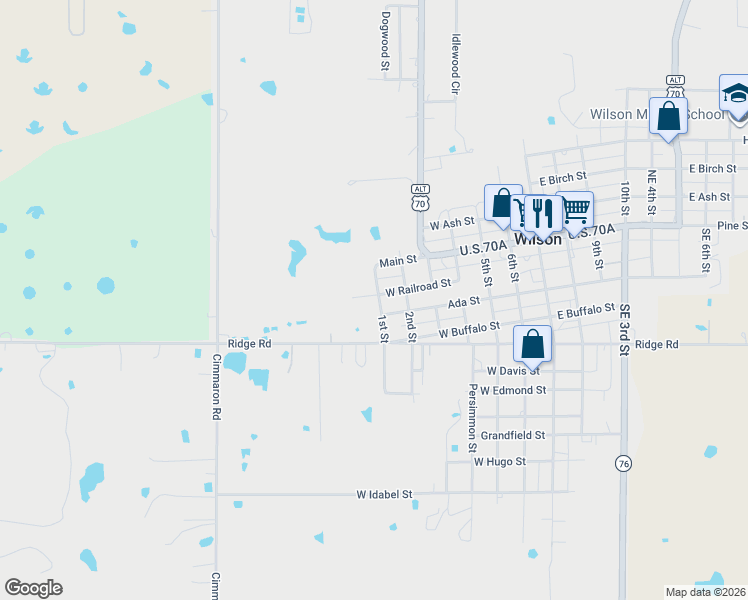 map of restaurants, bars, coffee shops, grocery stores, and more near 401 1st Street in Wilson