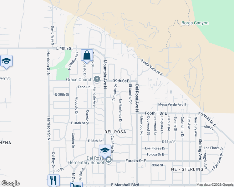 map of restaurants, bars, coffee shops, grocery stores, and more near 1485 East Yucca Drive in San Bernardino