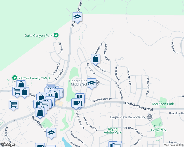map of restaurants, bars, coffee shops, grocery stores, and more near 5927 Dovetail Drive in Agoura Hills