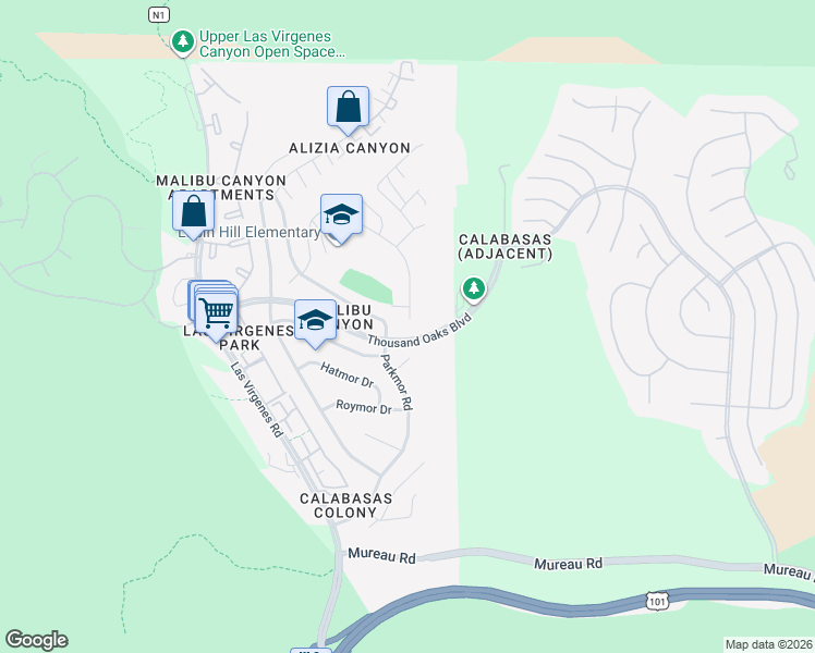 map of restaurants, bars, coffee shops, grocery stores, and more near 26002 Adamor Road in Calabasas