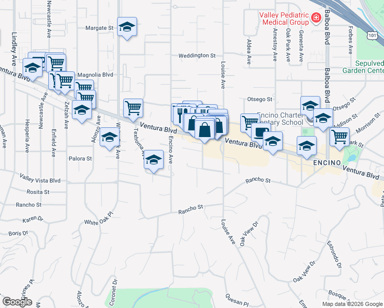 map of restaurants, bars, coffee shops, grocery stores, and more near 17420 Tarzana Street in Los Angeles