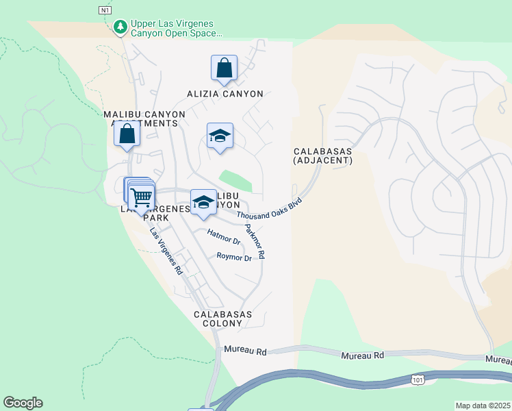 map of restaurants, bars, coffee shops, grocery stores, and more near 26004 Adamor Road in Calabasas