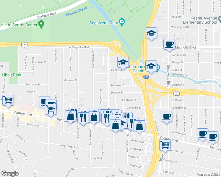 map of restaurants, bars, coffee shops, grocery stores, and more near 4918 Haskell Avenue in Los Angeles
