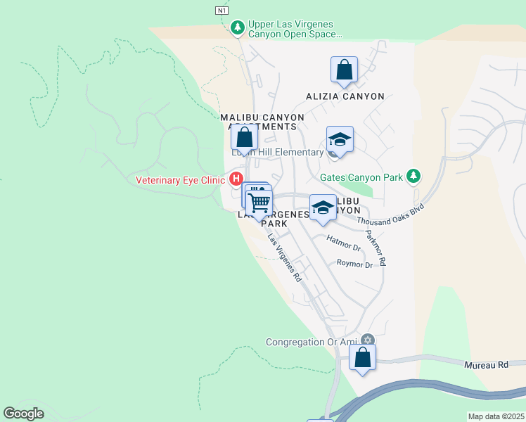 map of restaurants, bars, coffee shops, grocery stores, and more near 5624 Las Virgenes Road in Calabasas