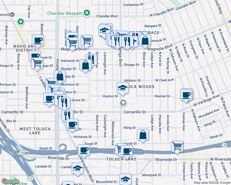 map of restaurants, bars, coffee shops, grocery stores, and more near 4910 Willowcrest Avenue in Los Angeles