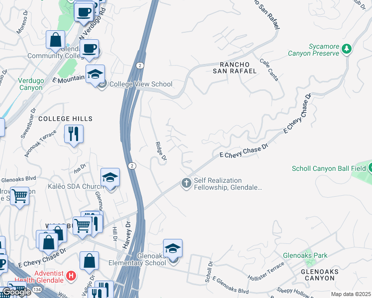 map of restaurants, bars, coffee shops, grocery stores, and more near 28 Aller Court in Glendale