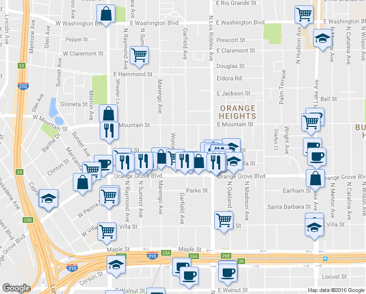 map of restaurants, bars, coffee shops, grocery stores, and more near 801 Garfield Avenue in Pasadena