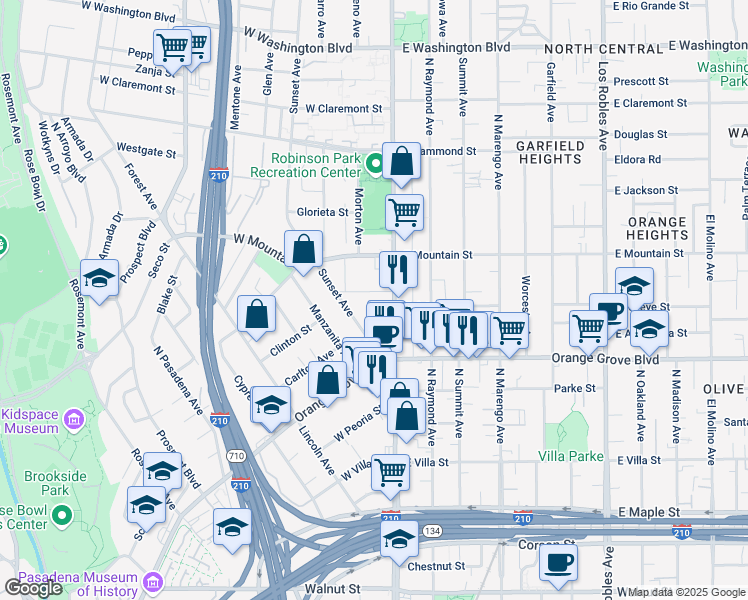 map of restaurants, bars, coffee shops, grocery stores, and more near 798 Sunset Avenue in Pasadena