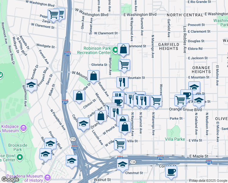 map of restaurants, bars, coffee shops, grocery stores, and more near 798 Sunset Avenue in Pasadena
