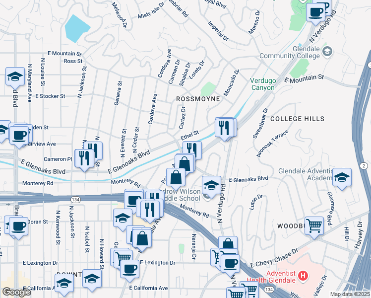 map of restaurants, bars, coffee shops, grocery stores, and more near 1037 East Glenoaks Boulevard in Glendale