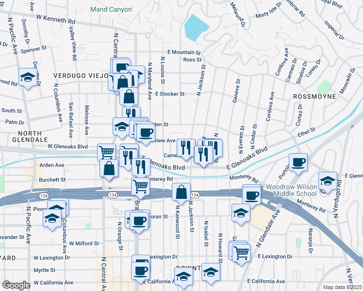 map of restaurants, bars, coffee shops, grocery stores, and more near 403 Cameron Place in Glendale