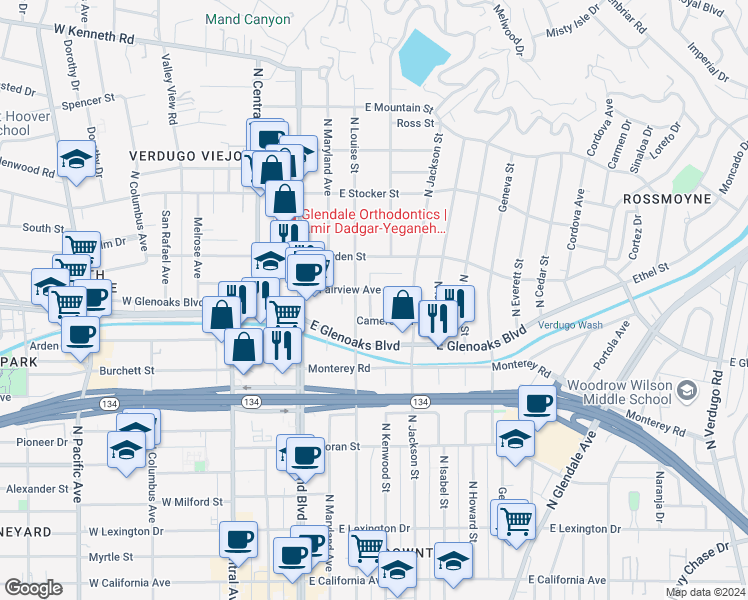 map of restaurants, bars, coffee shops, grocery stores, and more near 930 North Louise Street in Glendale