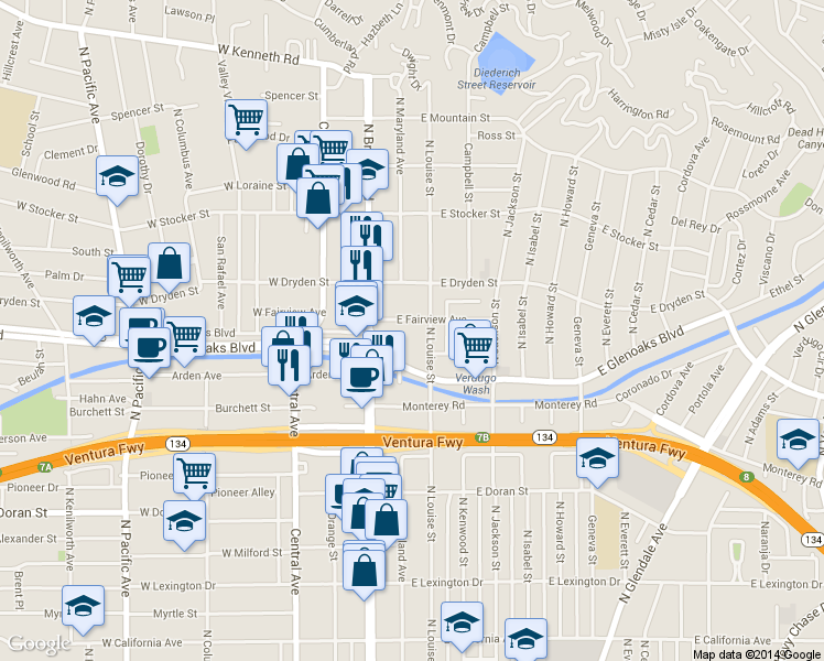 map of restaurants, bars, coffee shops, grocery stores, and more near 105 East Glenoaks Boulevard in Glendale