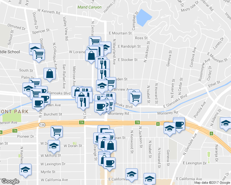 map of restaurants, bars, coffee shops, grocery stores, and more near 105 East Glenoaks Boulevard in Glendale