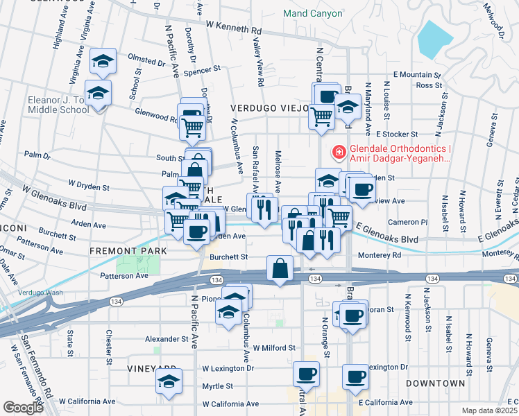 map of restaurants, bars, coffee shops, grocery stores, and more near 300 West Glenoaks Boulevard in Glendale