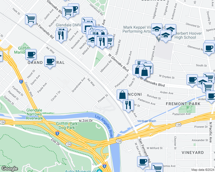 map of restaurants, bars, coffee shops, grocery stores, and more near in Glendale