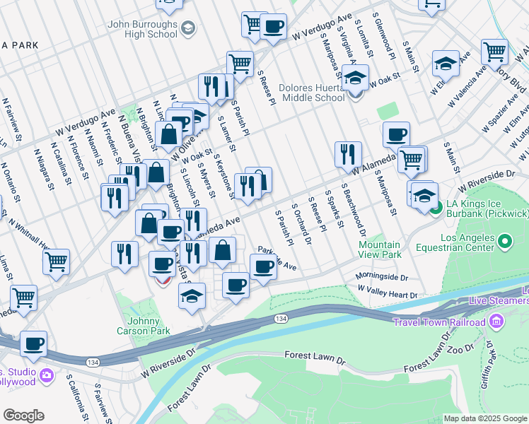 map of restaurants, bars, coffee shops, grocery stores, and more near 411 South Lamer Street in Burbank