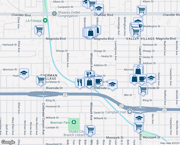 map of restaurants, bars, coffee shops, grocery stores, and more near 4905 Whitsett Avenue in Los Angeles