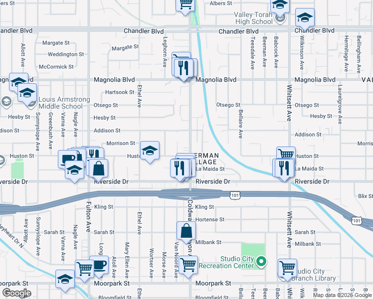 map of restaurants, bars, coffee shops, grocery stores, and more near 4900 Van Noord Avenue in Los Angeles