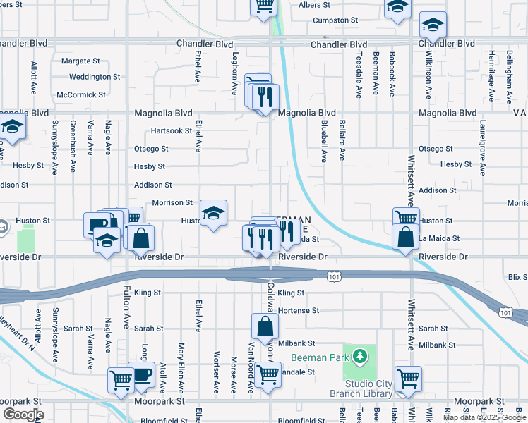 map of restaurants, bars, coffee shops, grocery stores, and more near 4900 Van Noord Avenue in Los Angeles