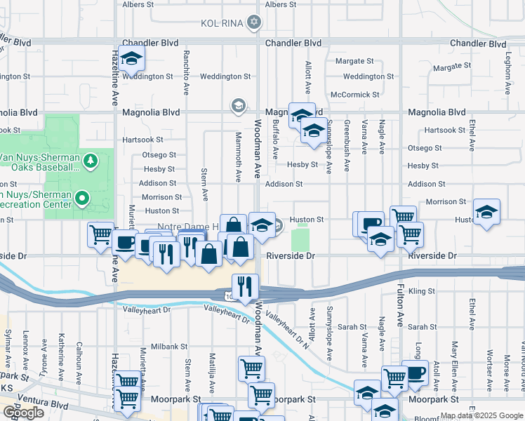 map of restaurants, bars, coffee shops, grocery stores, and more near 4900 Woodman Avenue in Los Angeles