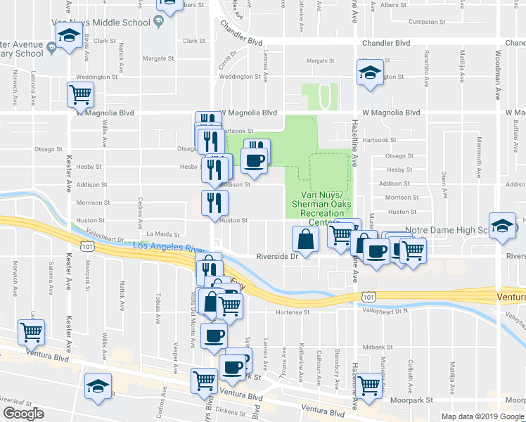 map of restaurants, bars, coffee shops, grocery stores, and more near 14345 Huston Street in Los Angeles