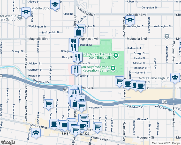 map of restaurants, bars, coffee shops, grocery stores, and more near 14345 Huston Street in Los Angeles