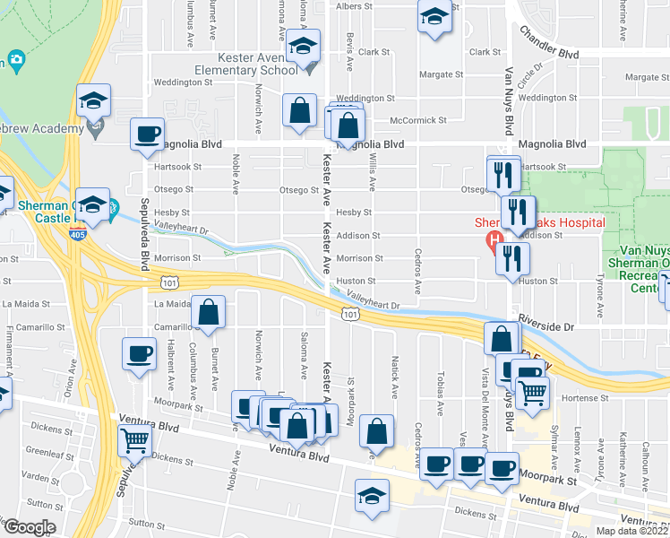 map of restaurants, bars, coffee shops, grocery stores, and more near 14833 Huston Street in Los Angeles
