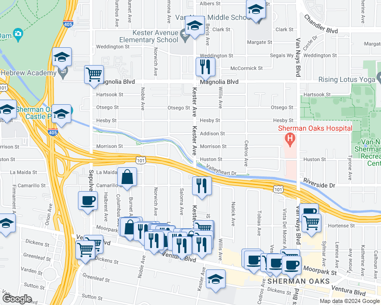 map of restaurants, bars, coffee shops, grocery stores, and more near 14911 Valleyheart Drive in Los Angeles