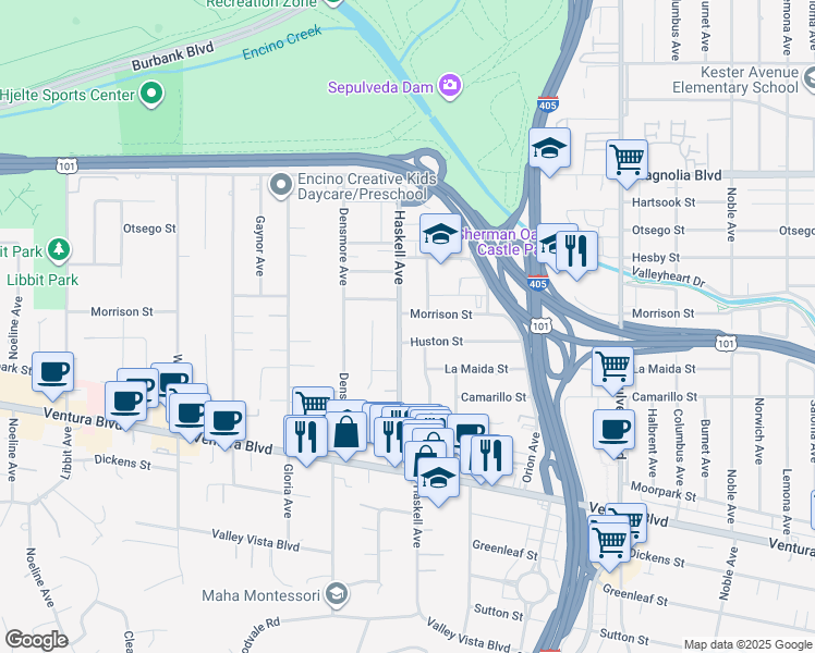 map of restaurants, bars, coffee shops, grocery stores, and more near 15615 Huston Street in Los Angeles