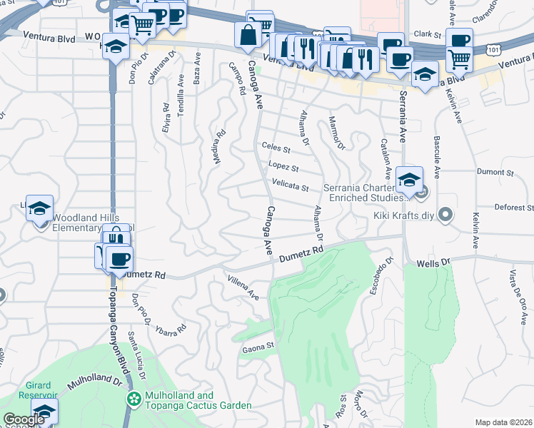 map of restaurants, bars, coffee shops, grocery stores, and more near 21330 San Miguel Street in Los Angeles